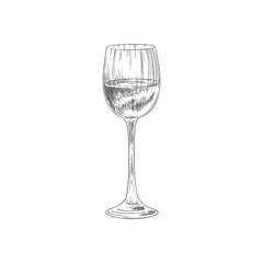 Glass with grape wine, vintage engraving vector illustration isolated.