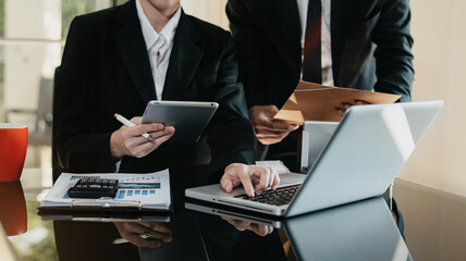 Business meeting account managers crew working search page on computer with new startup project.