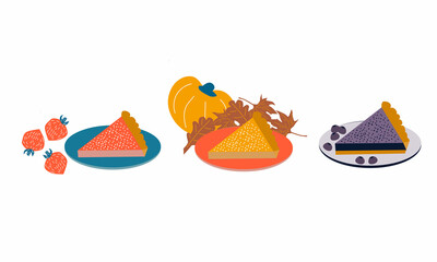 Blueberry, strowberry, pumpkin pie for plate on table on eating dessert concept. Illustration vector flat cartoon isolated on white background of pieces of pie set. 
