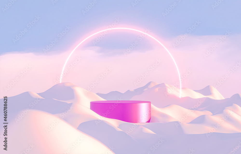 Poster abstract winter landscape scene with product stand and neon light. 3d rendering.