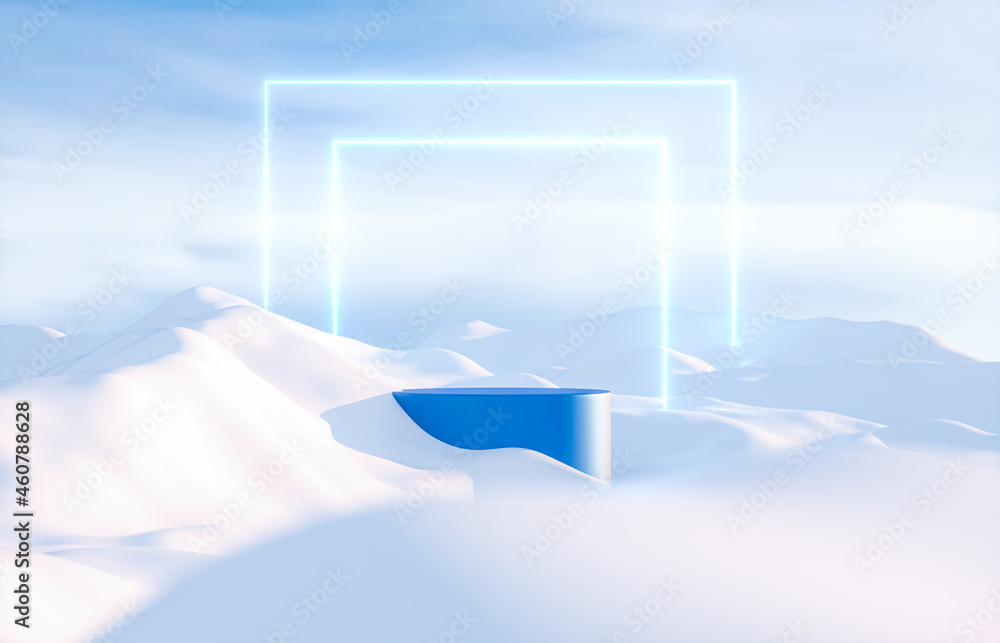 Poster abstract winter landscape scene with product stand and neon light. 3d rendering.
