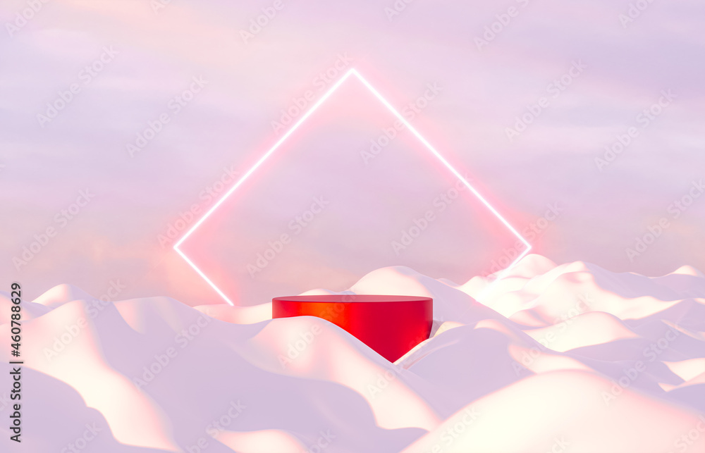 Poster Abstract winter landscape scene with product stand and neon light. 3d rendering.