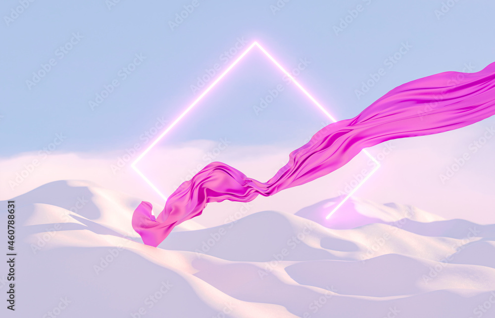 Poster abstract winter landscape scene with flying cloth and neon light. 3d rendering.