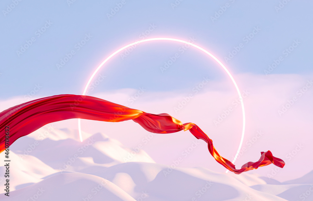 Aufkleber abstract winter landscape scene with flying cloth and neon light. 3d rendering.