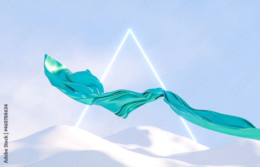 Poster abstract winter landscape scene with flying cloth and neon light. 3d rendering.