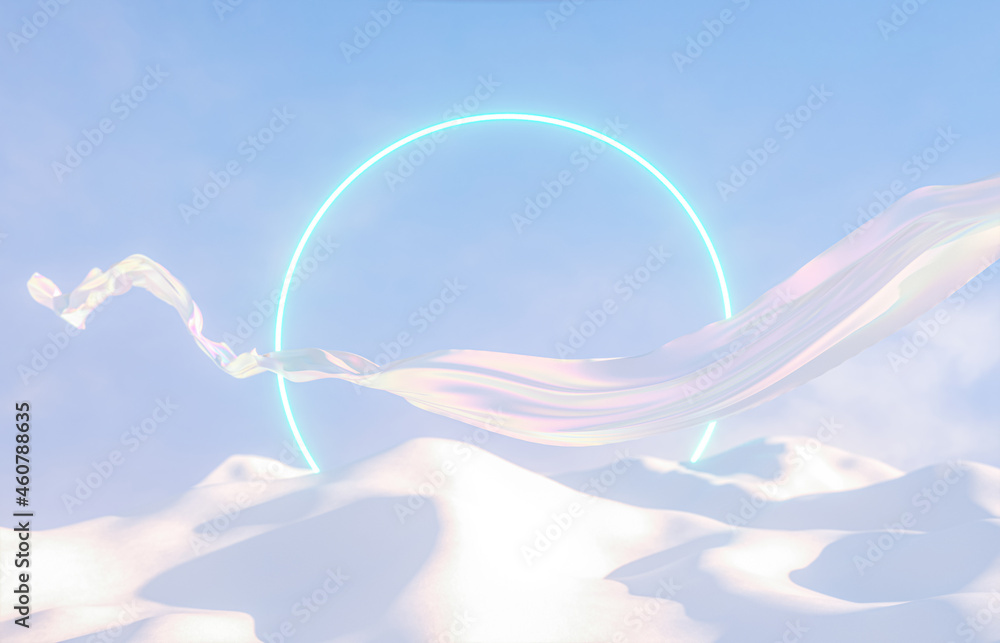 Poster abstract winter landscape scene with flying cloth and neon light. 3d rendering.