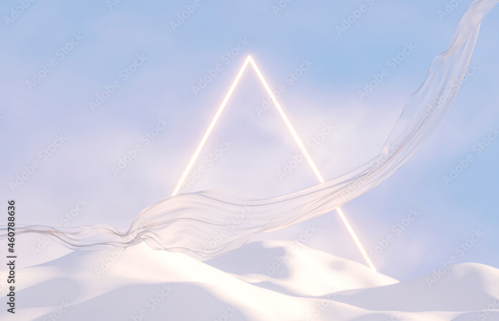 Poster abstract winter landscape scene with flying cloth and neon light. 3d rendering.