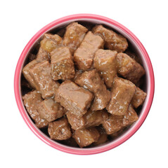 Wet pet food in feeding bowl isolated on white, top view