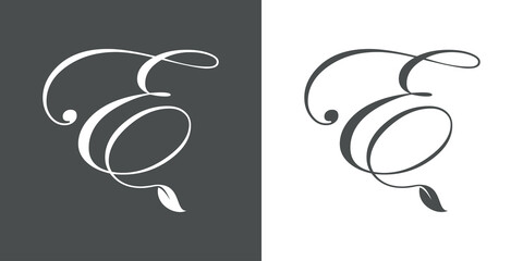 Logotipo letra inicial E con hojas de planta en fondo gris y fondo blanco - obrazy, fototapety, plakaty