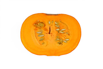 Halved Red Kuri Hokkaido squash showing vegetable meat and seeds inside on white background