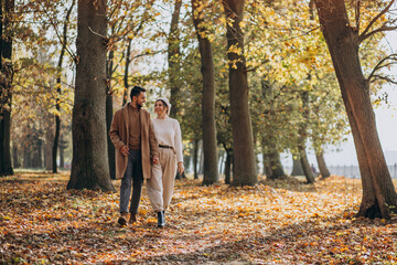 Fototapeta premium Young couple together in an autumn park