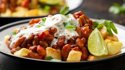Spicy Bean Chilli with Baked Potato, sour cream and lime. Healthy Food