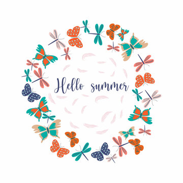 Hello summer. Hello summer inscription and flying butterflies and dragonflies. Vector illustration 
