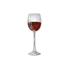 Glass of red wine in engraved colored sketch style, vector illustration isolated on white background.