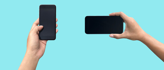 Blank screen of Mobile phone with hand holding phone isolated on white background. of free space for your copy, Clipping path.