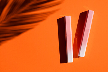 Lip gloss in a pink-to-white gradient case with palm leaves shadow. Top view on orange background. Beauty concept for lips. Decorative cosmetics liquid lipstick