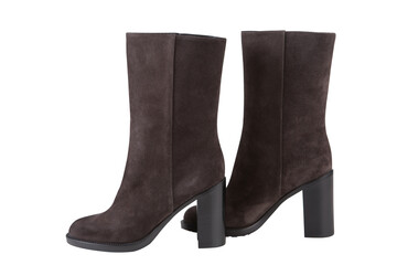 suede brown women's high-heeled boots, on white background