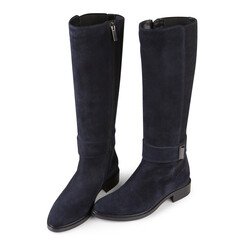 a pair of women's blue high-heeled boots, on a white background, high suede shoes