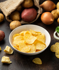 Potato Chips with cheese and onion in white bowl on rustic background