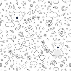 Seamless pattern with cartoon koala. Hand drawn .Vector illustration.