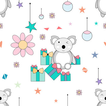Seamless pattern with cartoon koala. White Background .Vector illustration.