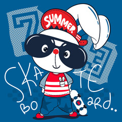 Cute little skater rabbit wearing sunglasses with skateboard isolated on navy blue background illustration vector, T-Shirt design for kids. © singtamuang