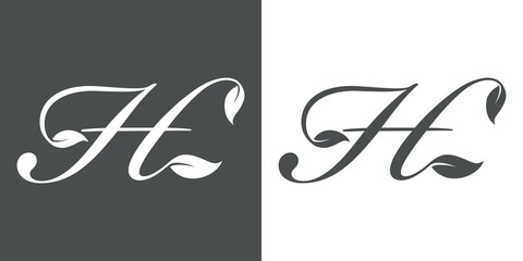 Logotipo letra inicial H con hojas de planta en fondo gris y fondo blanco - obrazy, fototapety, plakaty
