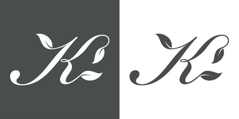 Logotipo letra inicial K con hojas de planta en fondo gris y fondo blanco - obrazy, fototapety, plakaty