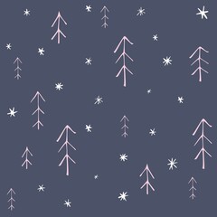 Seamless pattern with christmas trees in scandinavian style on snowy background. Simple minimalistic background for web, pint, wallpaper, wrapping paper, textile, scrapbooking.