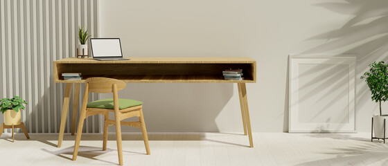 Modern Scandinavian workplace interior in home office with laptop and copy space on wooden table
