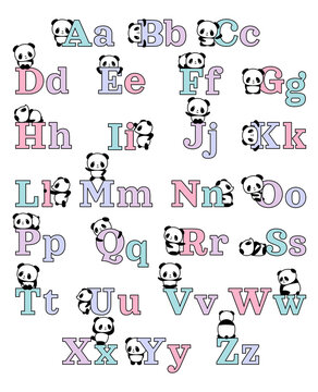 Panda bear animal. Colored english alphabet with cute pandas. Vector illustration on white background.