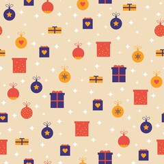 Seamless festive christmas background with tree decorations, gift boxes and stars Simple background with christmass mood for web, print, background, wallpaper, scrapbooking, wrapping paper, textile