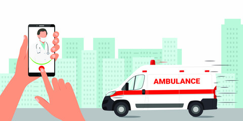 Calling a doctor by phone. The ambulance is on call. Vector illustration