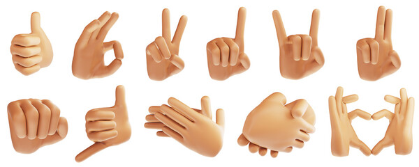 3D Cartoon hand gestures icons set on isolated white background. 3d render illustration