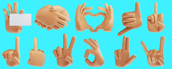 3D Cartoon hand gestures icons set on isolated white background. 3d render illustration