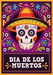 Day of the dead poster. Holiday mexican banner, sugar skull in sombrero with traditional decor, bright flowers and leaves ornament, family party, death carnival, vector illustration