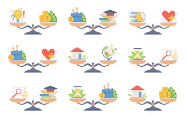 Scales choice balance. Different life values equality, metaphorical comparison, weighing lifestyle options, thing juxtaposition, health and education, time and money, vector isolated set