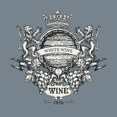 Hand-drawn vector banner for white Wine with a wooden barrel, crown, lions, fleur de lis and bunches of grapes. Ornate wine label, logo or emblem in form of vintage coat of arms on a grey backdrop © paseven
