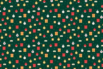 Seamless festive christmas background with tree decorations, gift boxes and stars Simple background with christmass mood for web, print, background, wallpaper, scrapbooking, wrapping paper, textile