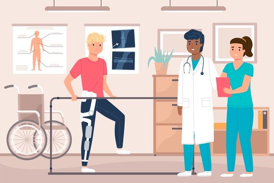 Physiotherapy room. Therapist with male patient in rehabilitation office, clinical help, man develops broken leg, doctors working, treatments joint mobility, vector cartoon flat isolated concept
