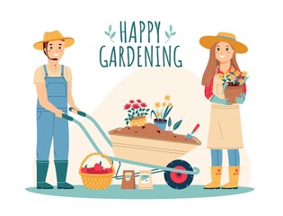 Gardeners with tools. Family couple garden workers, happy man and woman, wheelbarrow with earth and flower seedlings, apple harvest, outdoors hobby, vector cartoon flat isolated concept