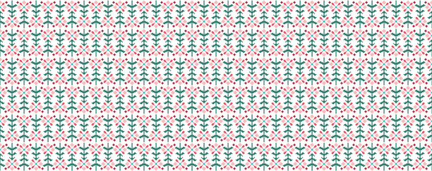 Seamless pattern with firs and flowers in scandinavian folk style. Pixel emboidery effect. Stock illustration for web and print, wallpaper, background, textile, scrapbooking and wrapping paper.