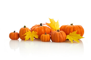 Heap of many pumpkins isolated on white background, Autumn and Halloween concept