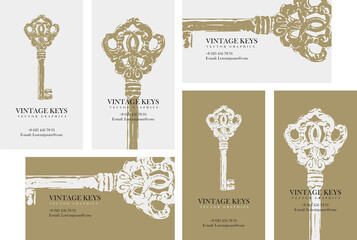 Set of business cards with vintage keys. Suitable for real estate agency, jewelry, beauty and fashion industry. Vector key emblems, logos, monograms, invitations, flyers, menus, brochures, postcards