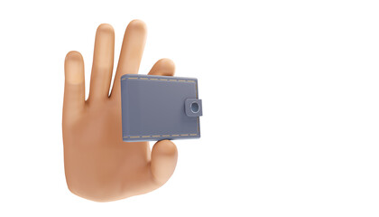 Cartoon hand holding Wallet on an isolated background. 3d illustration.