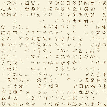 Abstract seamless pattern with occult signs and magical runes in grunge style. Vector background with ancient esoteric, mystical symbols on a beige backdrop. Wallpaper, wrapping paper, fabric design