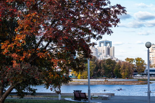 View of the city embankment of the Iset city of Yekaterinburg, autumn photography, Russia