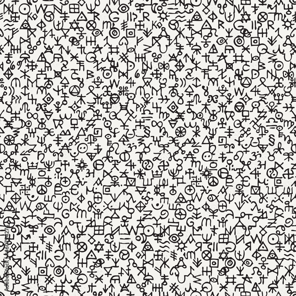 Poster vector seamless pattern with occult signs and magical runes. abstract monochrome background with bla