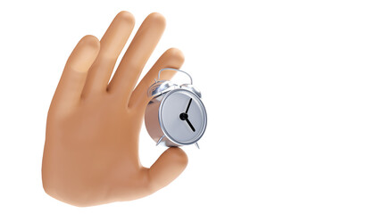 Cartoon hand holding an alarm clock on an isolated background. 3d illustration