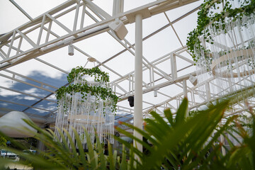 Beautiful white chandelier with decorative artificial green ivy plant in outdoors restaurant interior